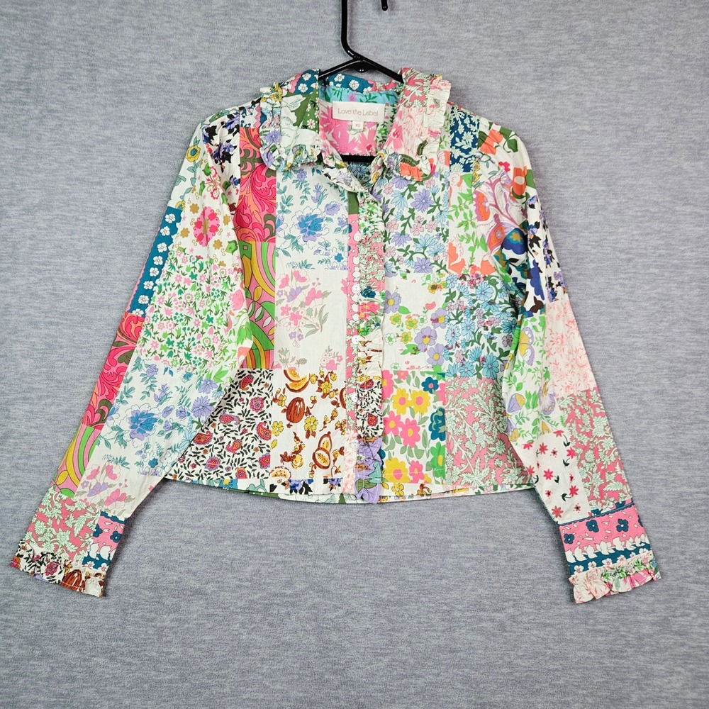 Love the Label Patchwork Floral Ruffle Cotton Button Down Shirt Multi Color XS